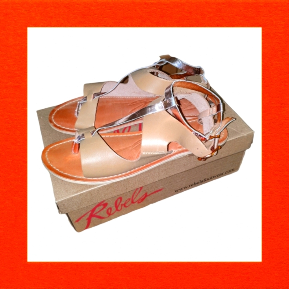 NEW LEATHER REBEL RIDERS ROSE GOLD SANDALS - Picture 2 of 6